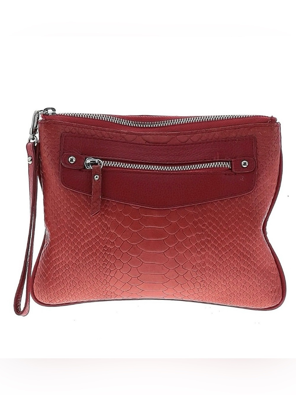GIGI NY Large Red Embossed Leather Clutch, Wristlet, Silver Hardware